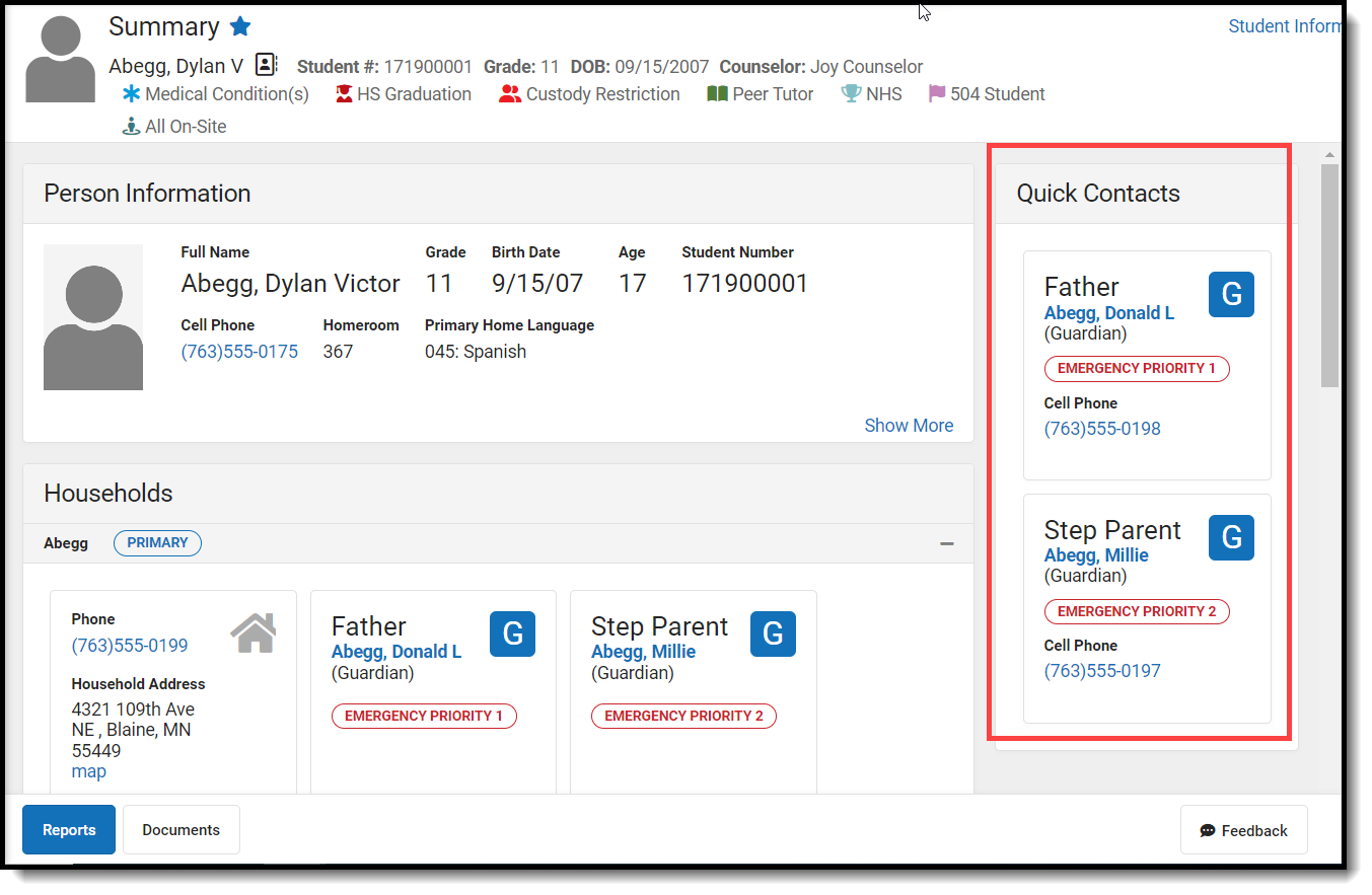 Screenshot of the Student Summary quick contacts.