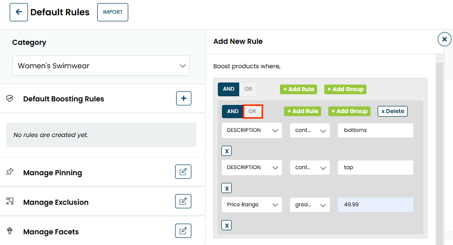 Callout of the OR logic connector option for a grouped conditions rule on the Add New Rule panel