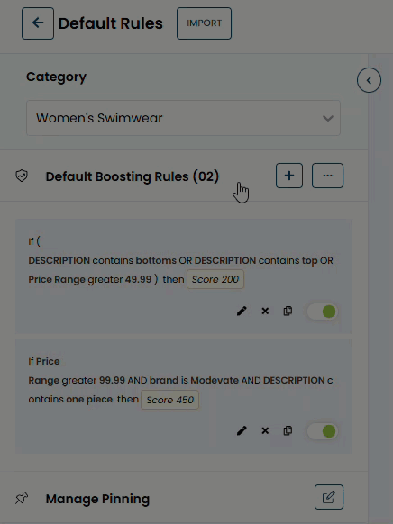 Animated demonstration of a user clicking the additional options menu for the Default Boosting Rules to display the Delete All and the Disable All options