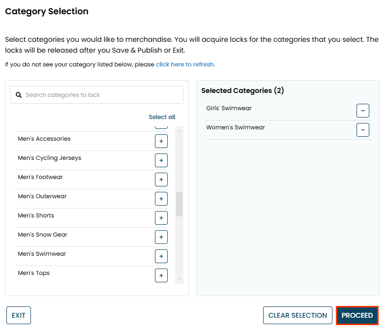 The Category Selection modal, with Girls' Swimwear and Women's Swimwear selected and a callout of the PROCEED button.