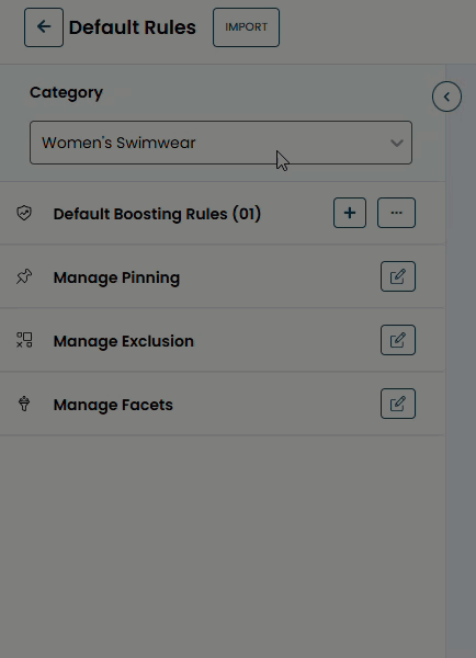 Animated demonstration of a user clicking the Default Boosting Rules section for the women's swimwear category and then clicking the copy icon.