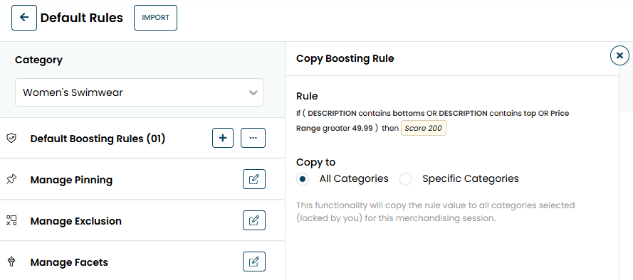 The Copy Boosting Rule panel, with the All Categories option selected.