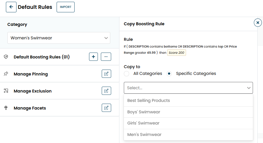 The Copy Boosting Rule panel, with the Specific Categories option selected and the selector of product categories expanded.