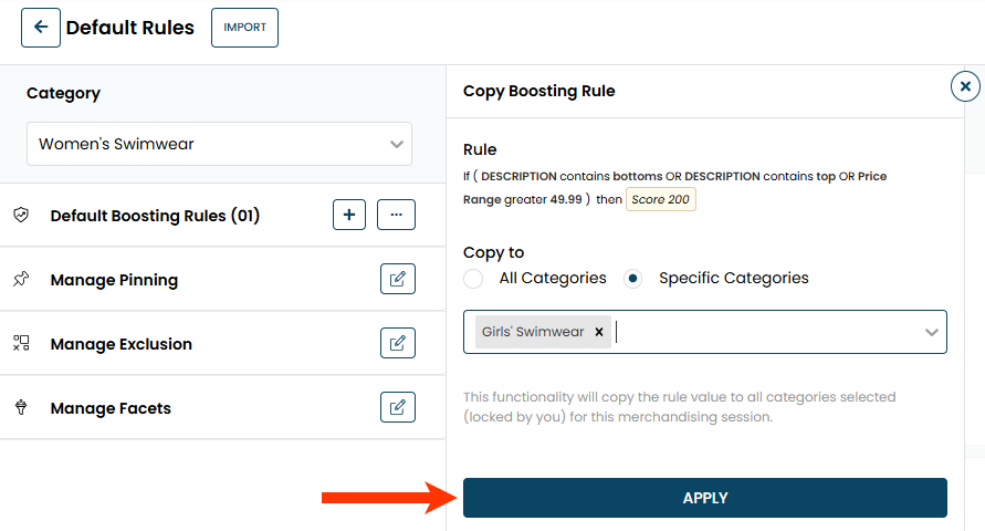 The Copy Boosting Rule panel, with a callout of the APPLY button.