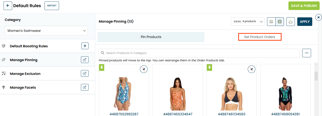 Callout of the Set Product Orders tab on the Manage Pinning panel