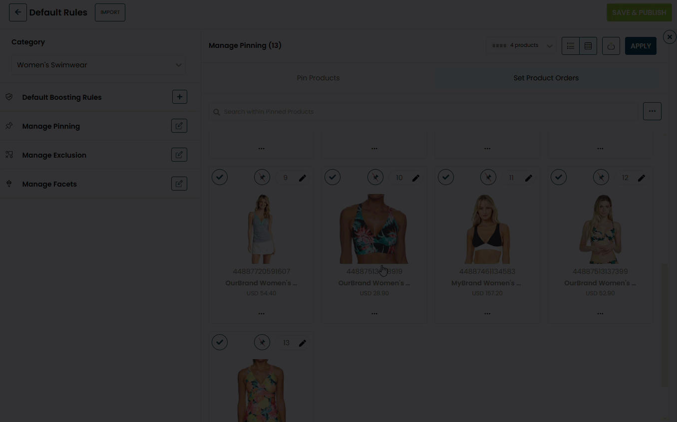 Animated demonstration of a user dragging and dropping a product from near the end of the pinned product order to the third position, then dragging and dropping the fifth product into the fourth position, and then clicking the unpin icon to remove a product from the pinned product order