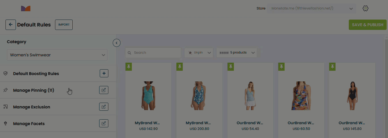 Animated demonstration of a user on the Manage Pinning panel clicking the Unpin selector and then selecting All Products