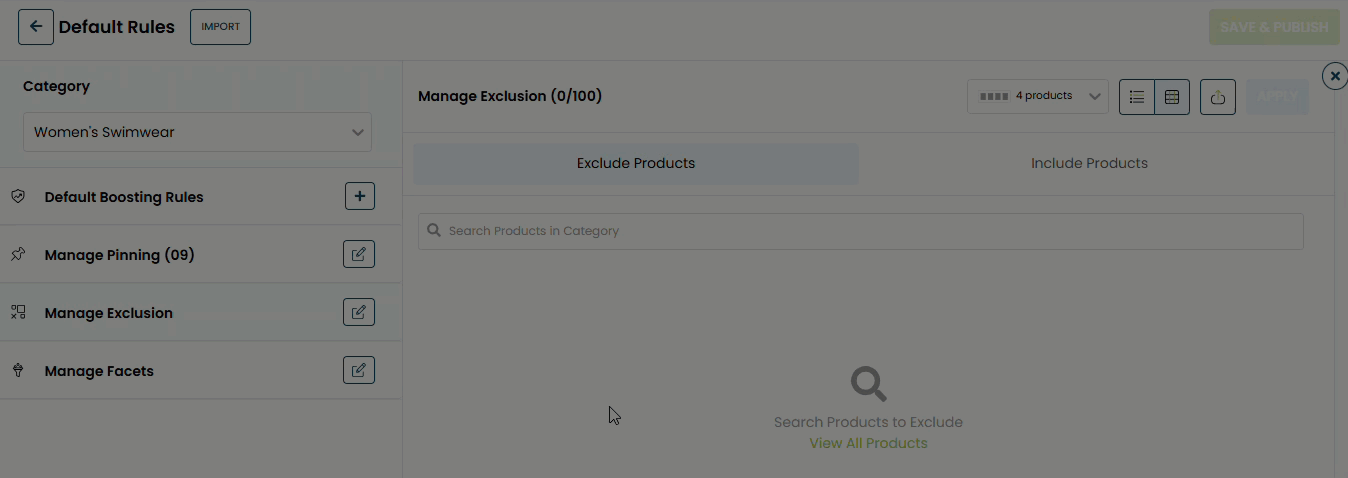 Animated demonstration of a user clicking the View All Products button on the Manage Exclusion panel, and then clicking the checkmark in the upper-left corner of two products to reserve them for exclusion