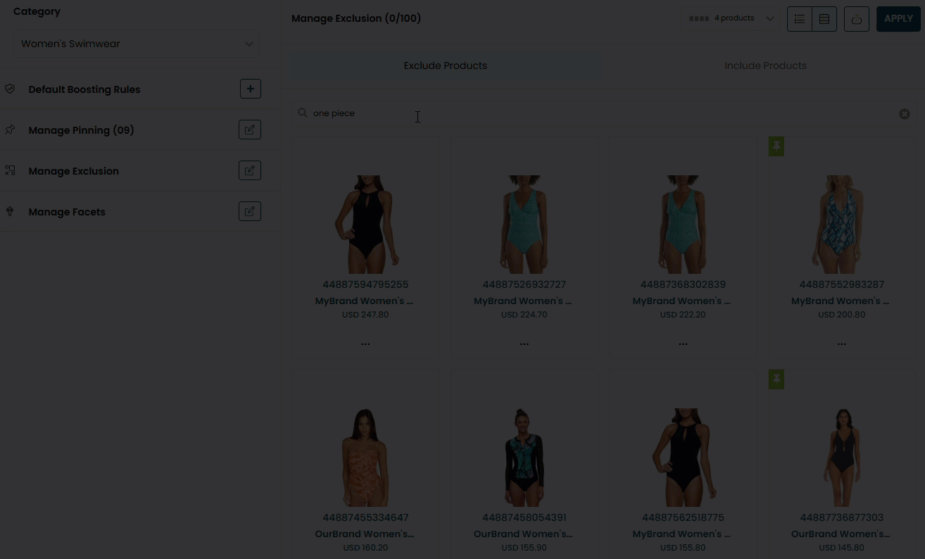 Animated demonstration of a user who previously entered 'one piece' into the search field on the Manage Exclusion panel then selecting three products to exclude. Three products have a pin icon in the upper-left corner of their respective tile and are unavailable for exclusion.