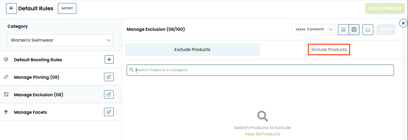 Callout of the Include Products tab on the Manage Exclusion panel