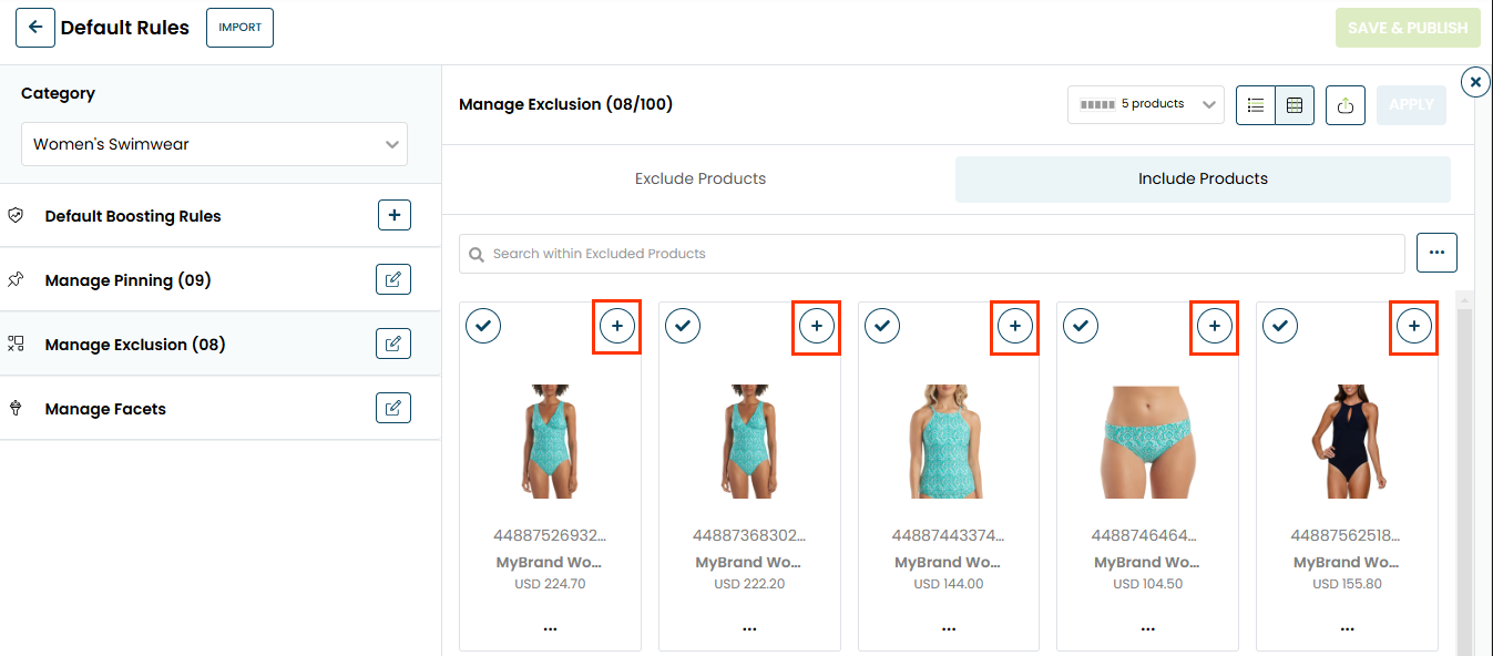 Callout of the plus sign (+) in the upper-right corner of each of four product tiles on the Include Products tab of the Manage Exclusion panel