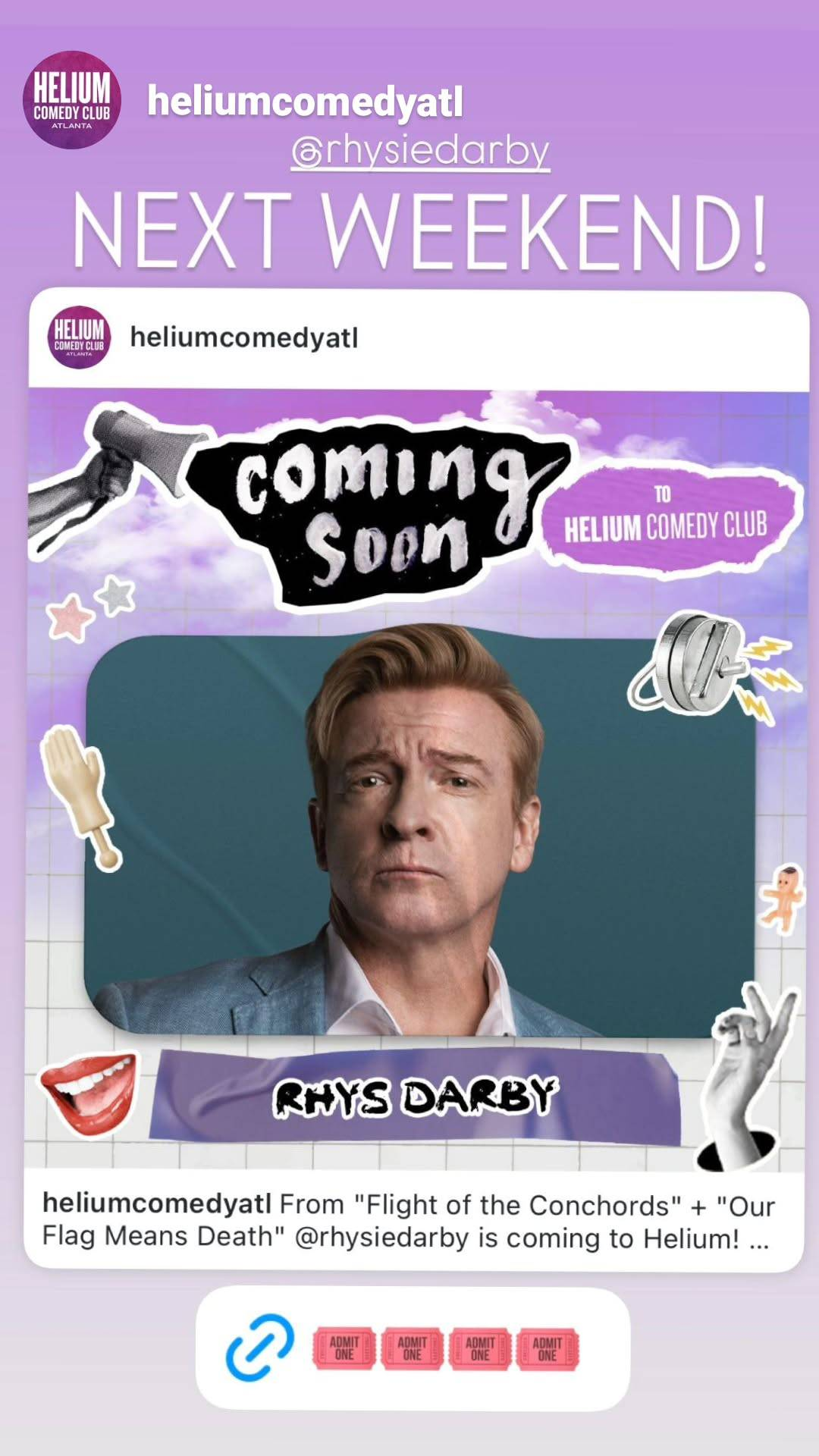 Instagram story with an announcement post by Helium Comedy Club Atlanta and a link to the ticket page. Text reads 