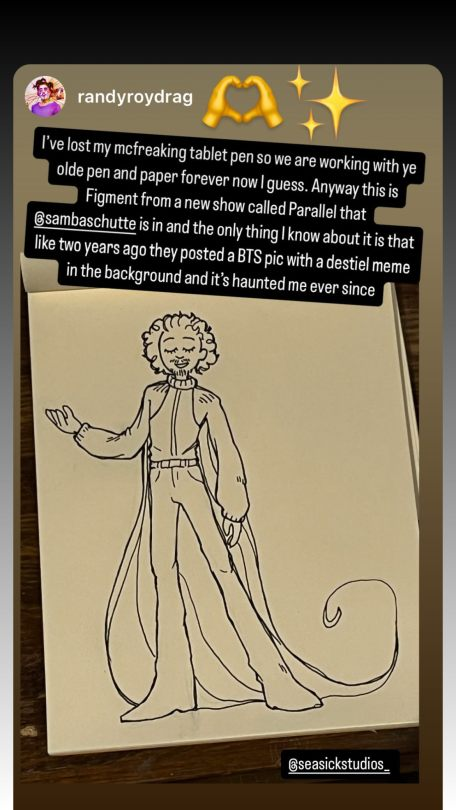 Instagram story by RandyRoDrag with a drawing of Samba in his costume from the show poster. Text reads: 