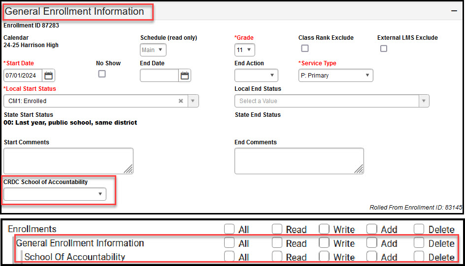 Screenshot of Enrollment General Enrollment Information Editor with corresponding tool rights.