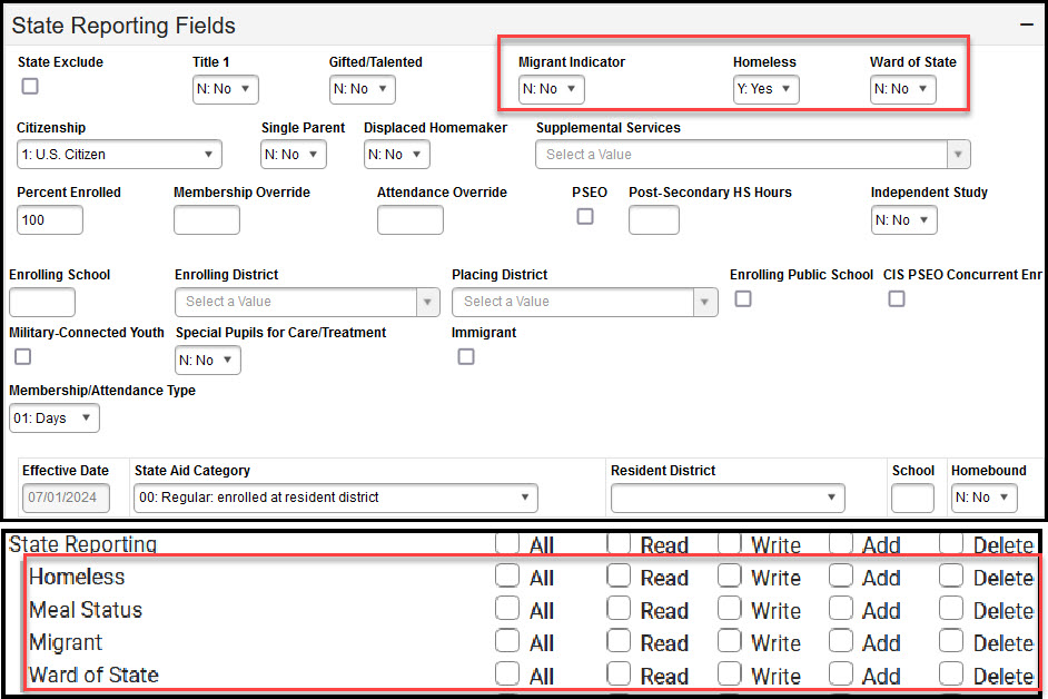 Screen capture of State Reporting Fields editor with tool rights displayed beneath.