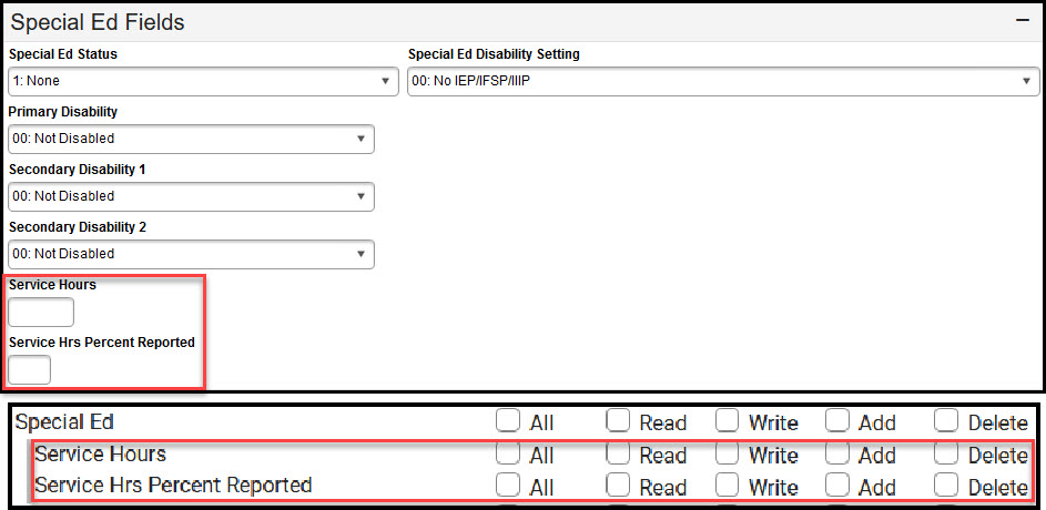 Screenshot of Special Ed Fields editor and related tool rights.