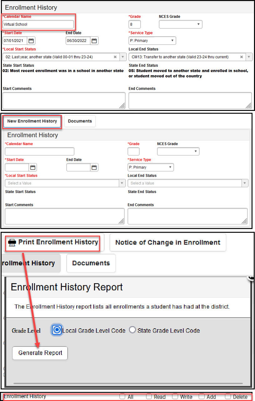 Screenshot showing different Enrollment History options with tool rights.