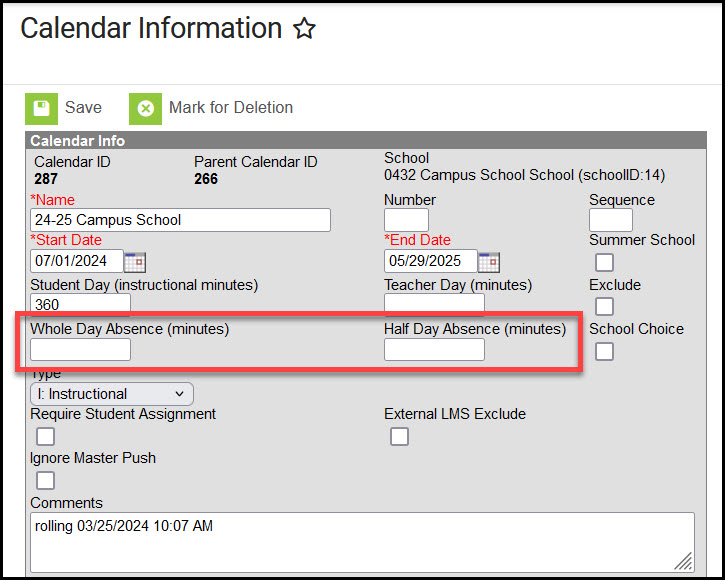 Screenshot of the whole/half day fields on the Calendar Information tool.