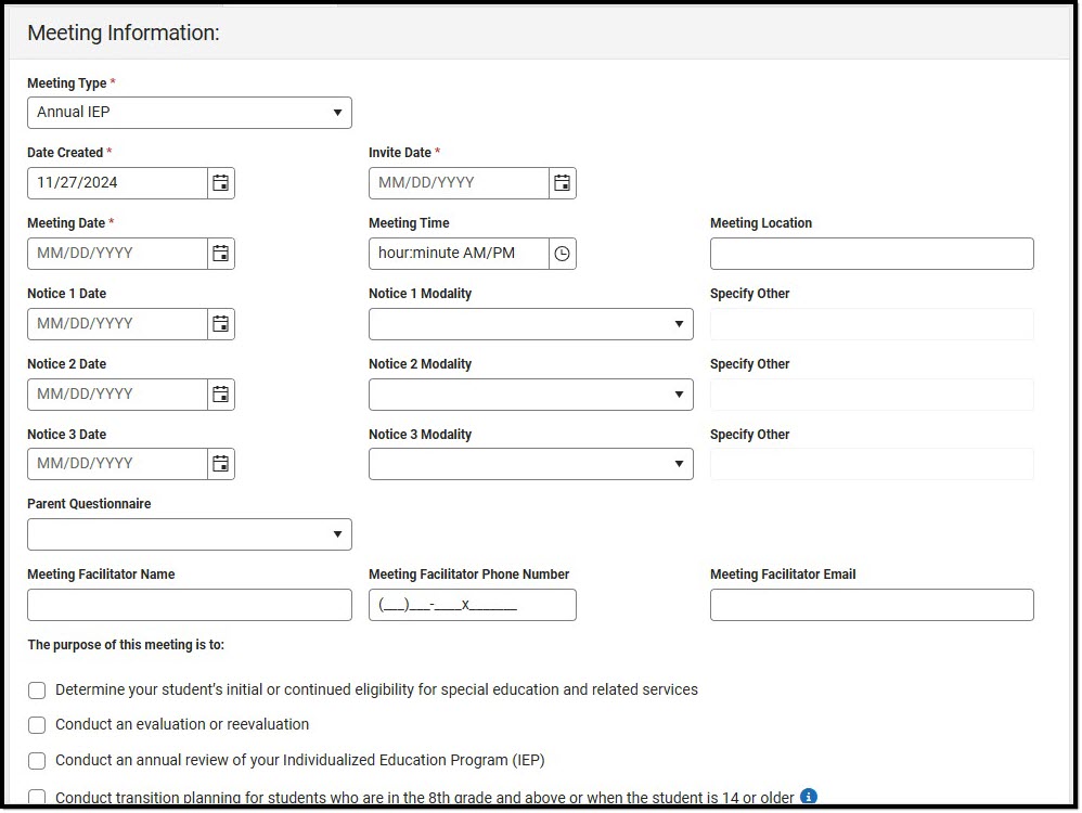 Screenshot of the Meeting Information editor for an Annual IEP meeting.