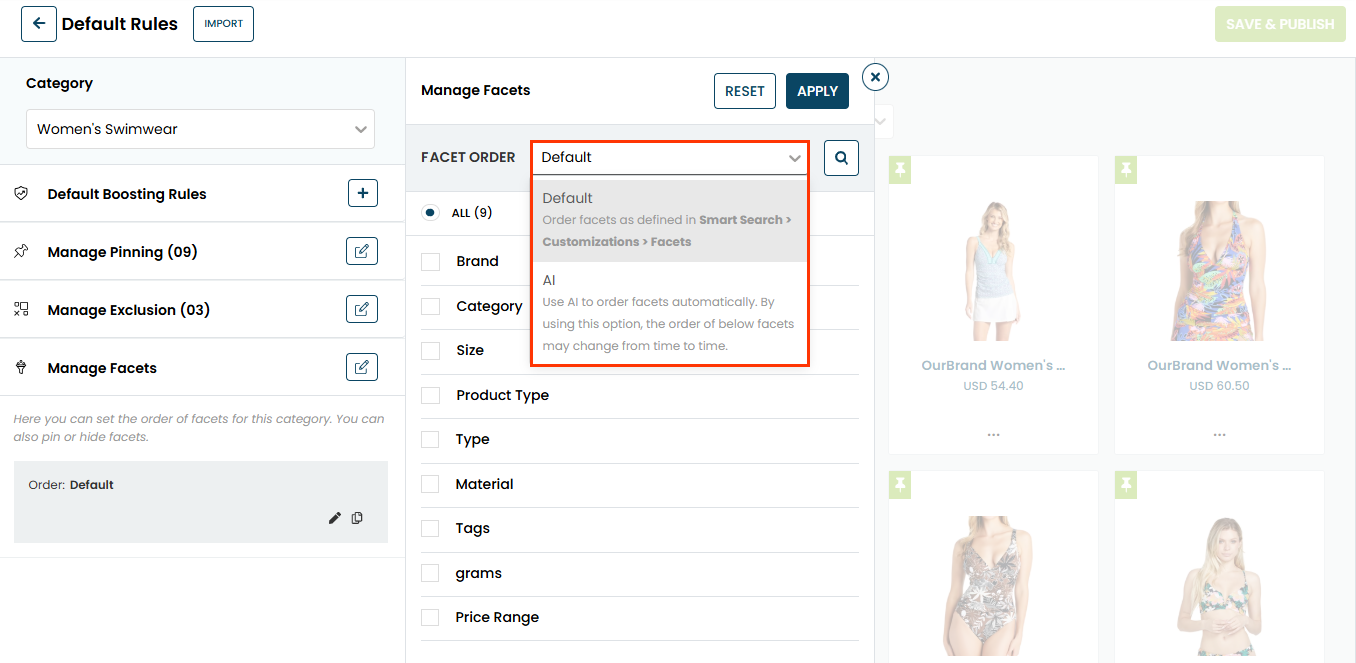 Callout of the FACET ORDER selector and its Default and AI options on the Manage Facets panel of the Default Rules page