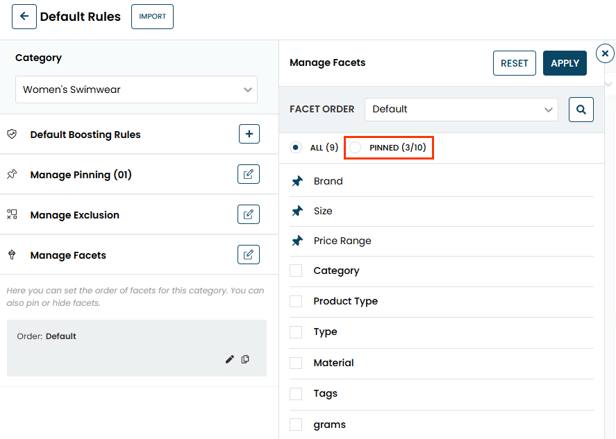 Callout of the PINNED option on the Manage Facets panel of the Default Rules page