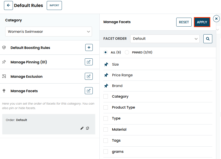 Callout of the APPLY button on the Manage Facets panel of the Default Rules page