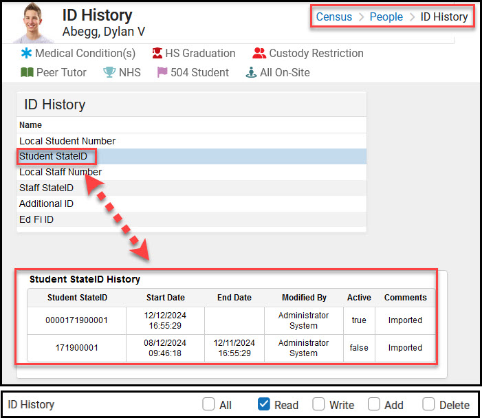 Screenshot of ID History Tool and Tool Rights. Users only ned Read rights to get full access to this read only tool.