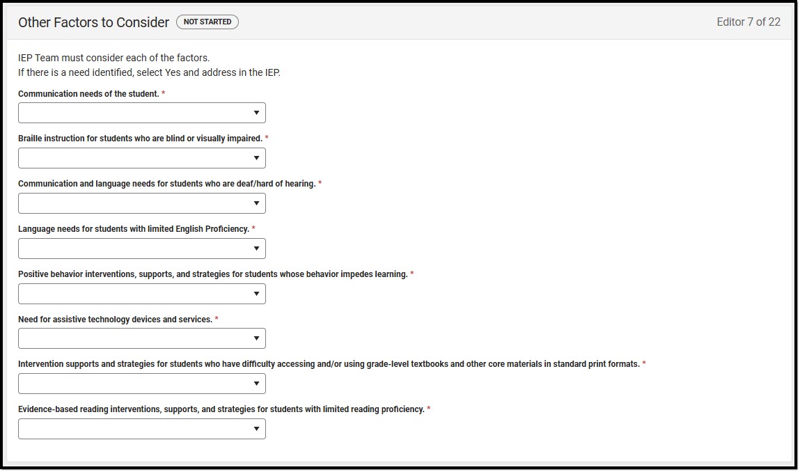 Screenshot of the Other Factors to Consider editor.