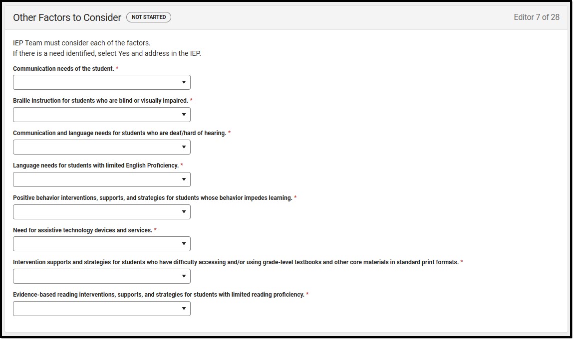 Screenshot of the Other Factors to Consider Editor.