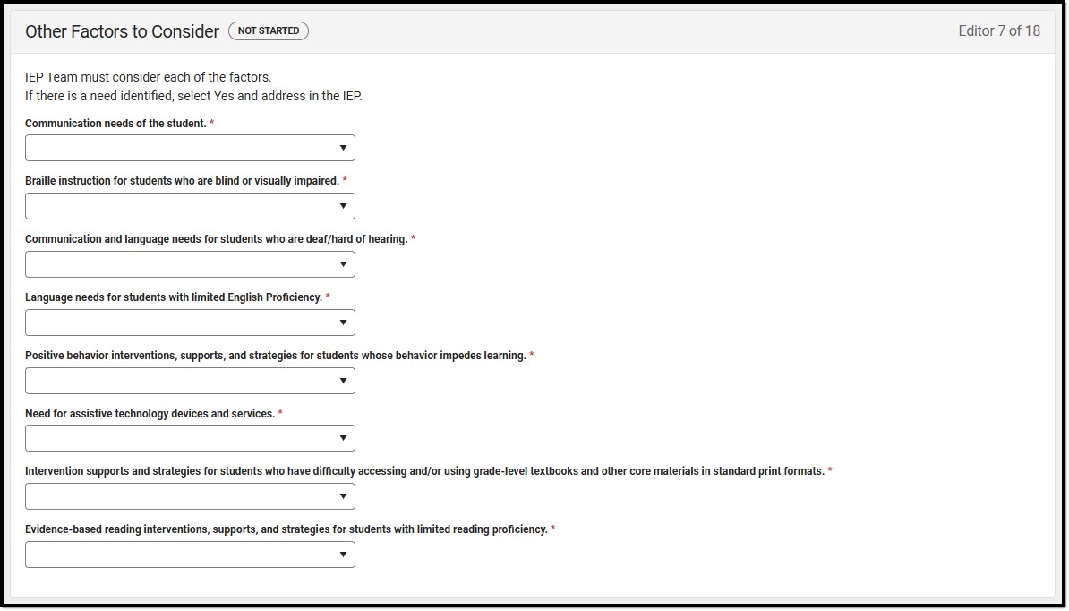 Screenshot of the Other Factors to Consider Editor.