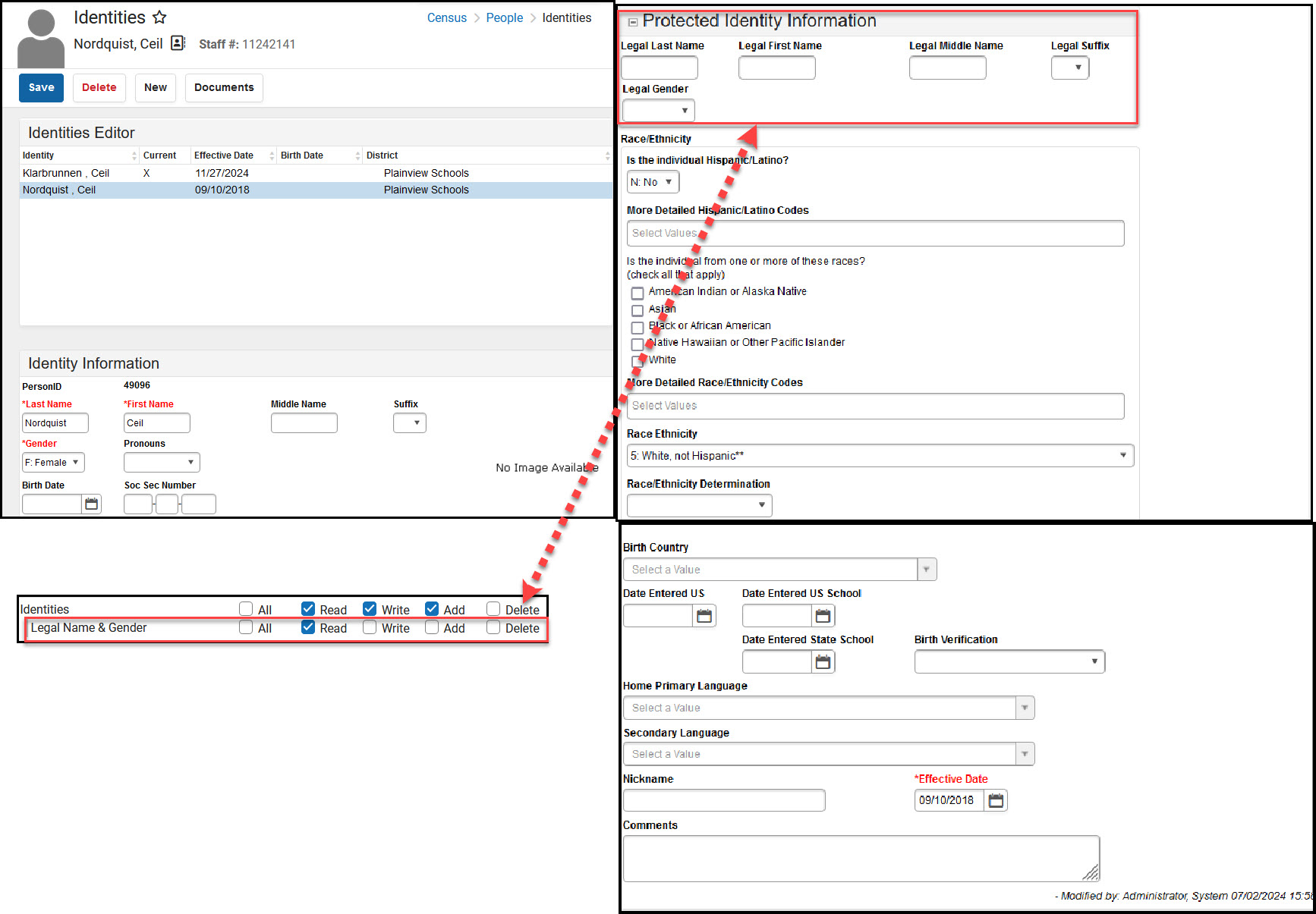 Screenshots of Identities tool including callout of tool rights for Protected ID Information.