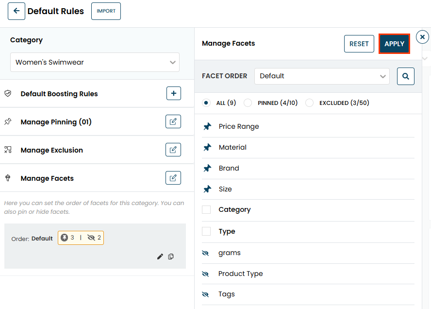 Callout of the APPLY button on the Manage Facets panel of the Default Rules page