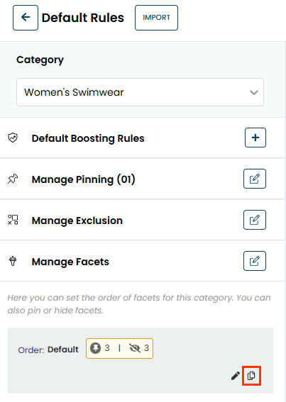 Callout of the copy icon for the facets rule for the women's swimwear category on the Default Rules page.