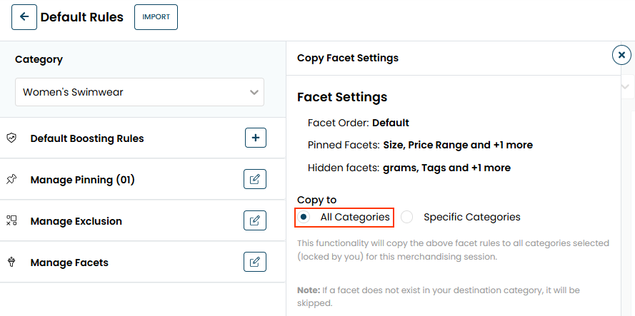 The Copy Facet Settings panel, with the All Categories option selected.