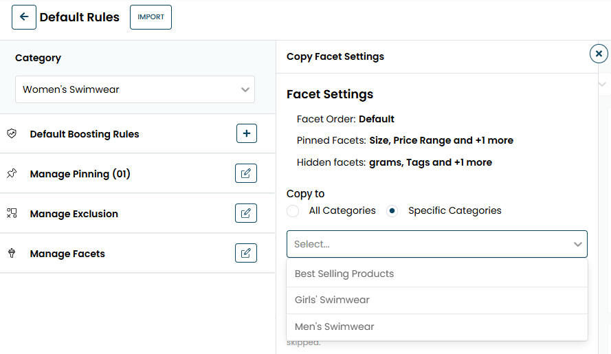 The Copy Facet Settings panel, with the Specific Categories option selected and the selector of product categories expanded.