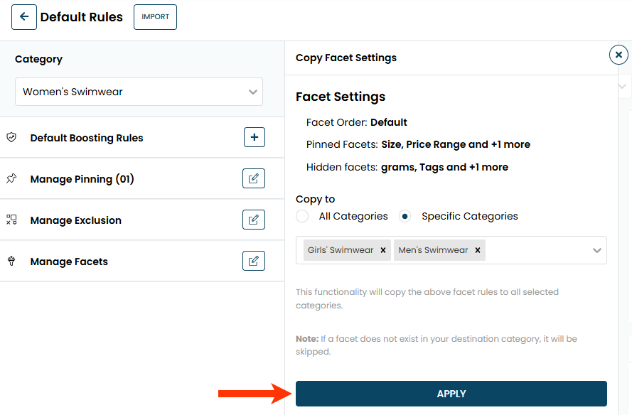 The Copy Facet Settings panel, with a callout of the APPLY button.