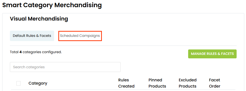 Callout of the Scheduled Campaigns tab on the Visual Merchandising page of the Personalized Search interface