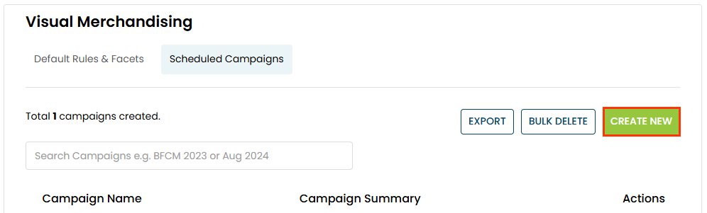 Callout of the CREATE NEW button on the Scheduled Campaigns tab of the Visual Merchandising page