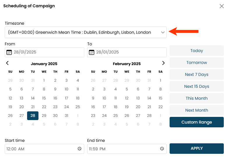 Callout of the Time Zone selector on the Scheduling of Campaign modal of the Scheduled Campaigns page