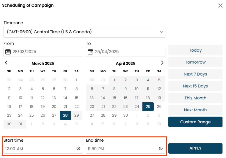 Callout of the 'Start time' and 'End time' fields on the Scheduling of Campaign modal of the Scheduled Campaigns page