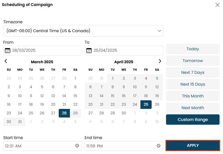 Callout of the APPLY button on the Scheduling of Campaign modal of the Scheduled Campaigns page