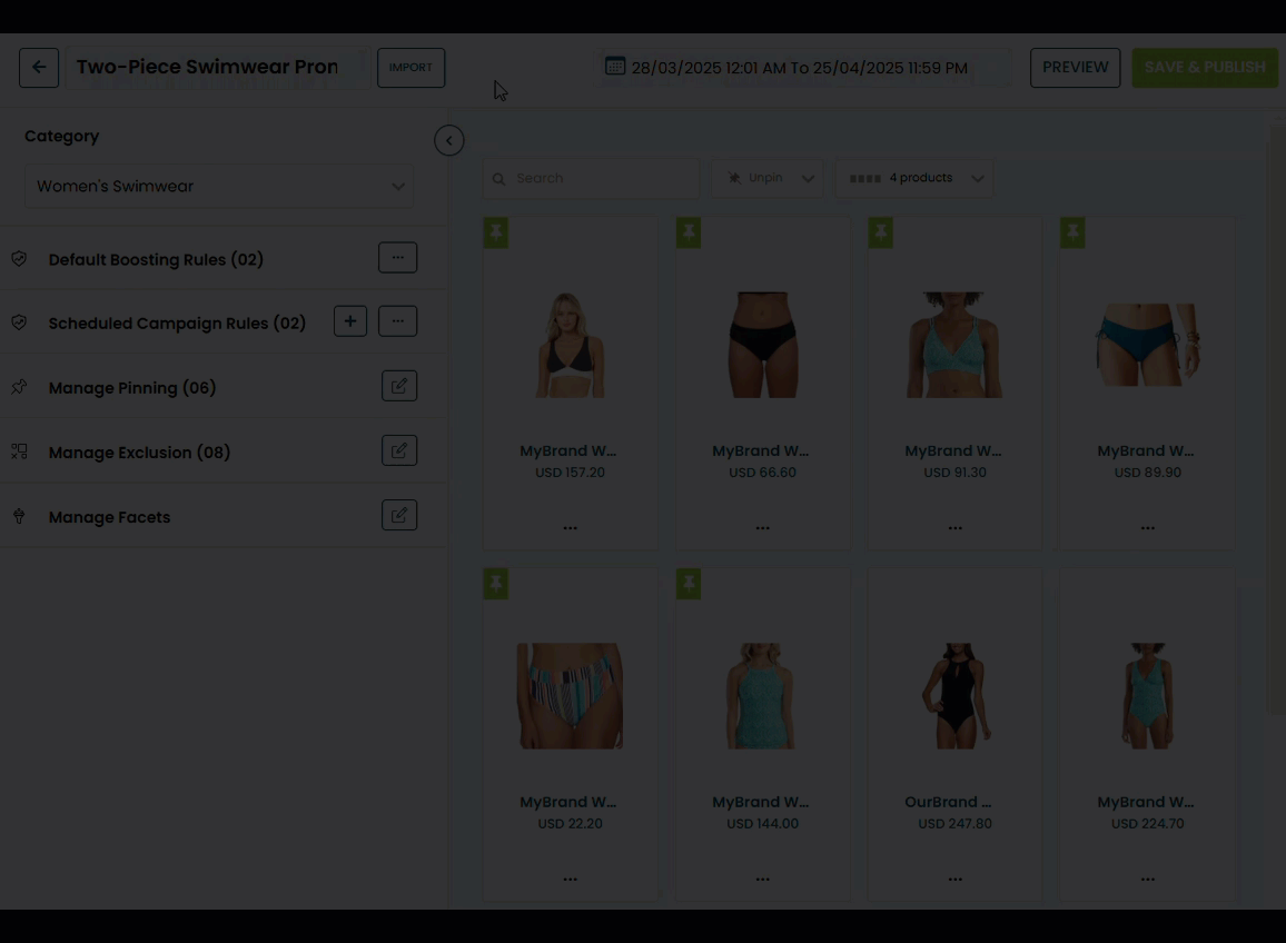 Animated demonstration of a user clicking the PREVIEW button, and then scrolling through the results of the category's preview page