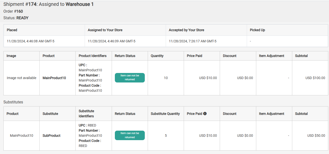 Shipment details with a table for substitutes