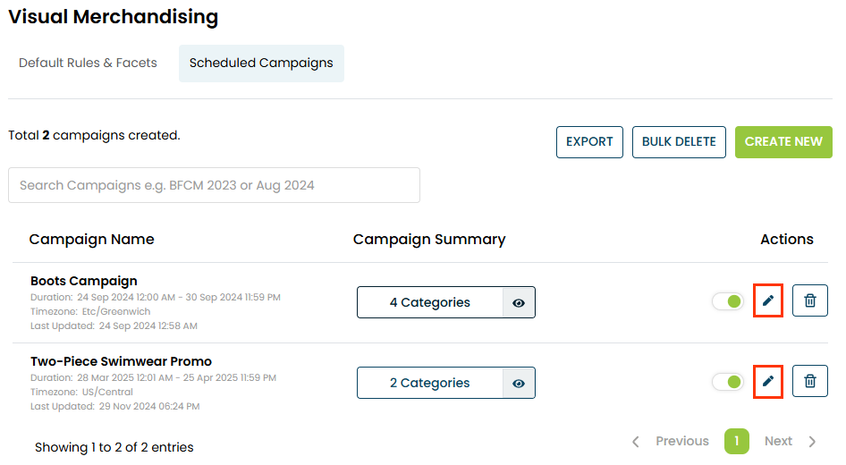 Callout of the pencil icon for each scheduled campaign on the Scheduled Campaigns page