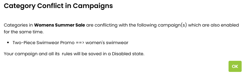 The Category Conflict in Campaigns modal. The message warns that a category in the newly saved Women's Summer Sale scheduled campaign conflicts with a category in the existing Two-Piece Swimwear Promo campaign. The message concludes by noting that the new campaign and all its rules will be saved in a disabled state.