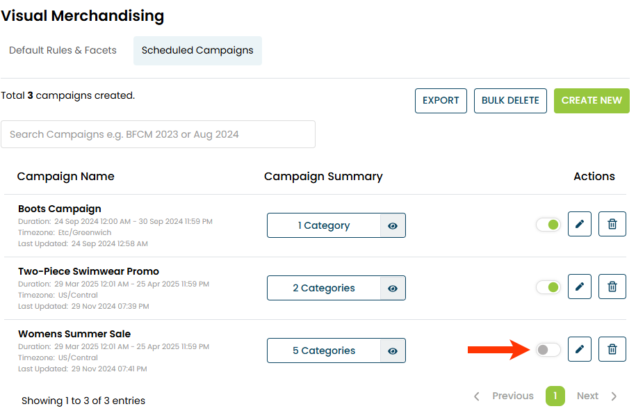 Callout of the campaign status toggle set to the disabled position for a newly saved scheduled campaign that was saved but disabled because it contains a category that's also included in another scheduled campaign configured to run at the same time.