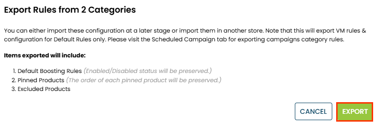 Callout of the EXPORT button on the Export Rules modal