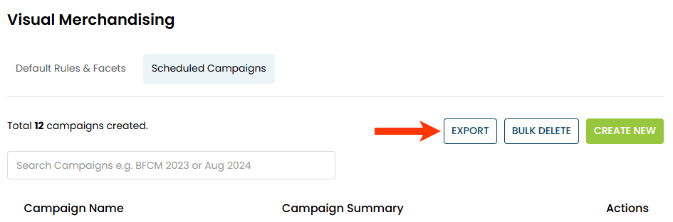 Callout of the EXPORT button on the Scheduled Campaigns tab on the Visual Merchandising page