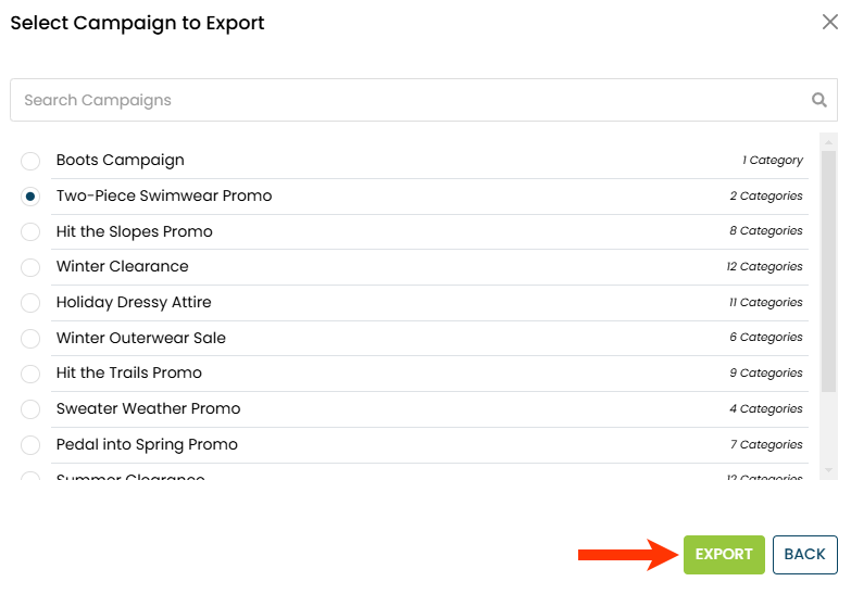 Callout of the EXPORT button on the Select Campaign to Export modal