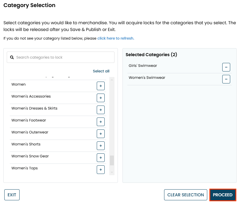 The Category Selection modal, with the Women's Swimwear category and the Girls' Swimwear category listed in the right-hand Selected Categories table, and a callout of the PROCEED button